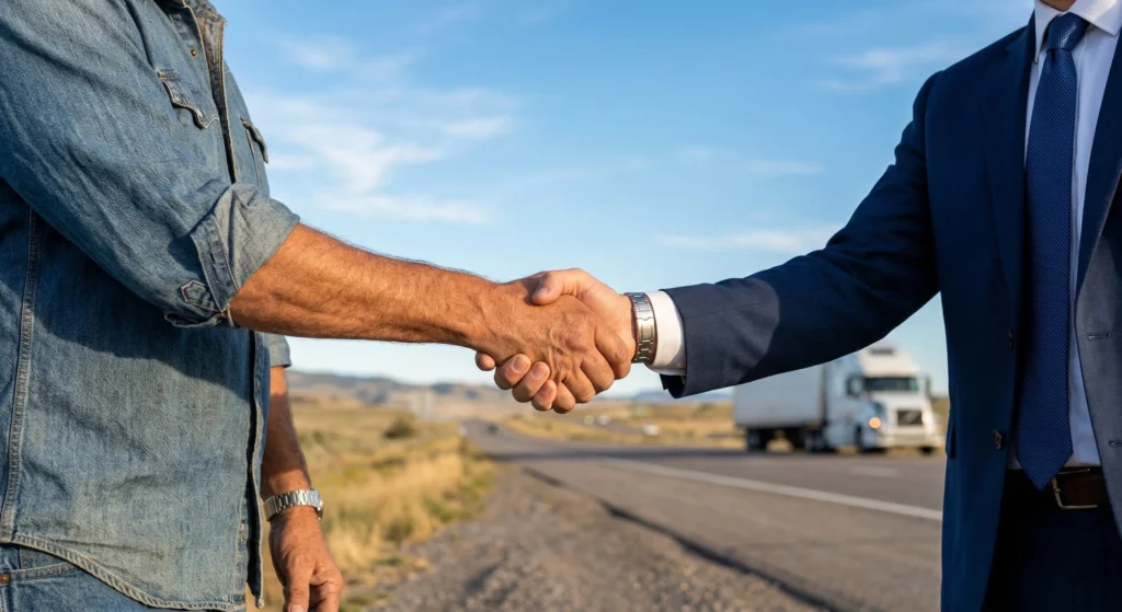 Apretón de manos entre un camionero y un asesor de negocios frente a una autopista de USA.