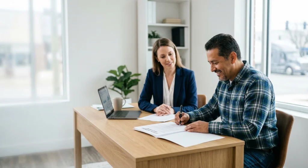 Camionero hispano firmando los documentos de creación de su compañía LLC o Corp.