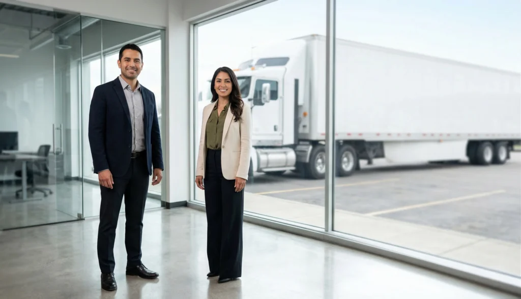 Equipo de asesores profesionales en logística y transporte comercial en su oficina.