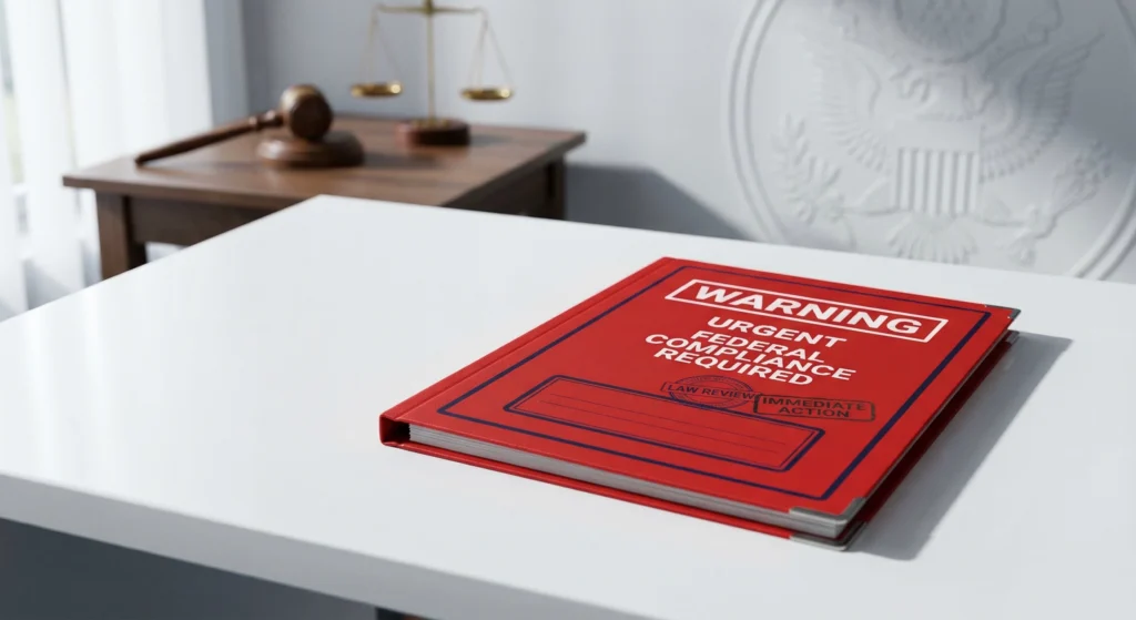 Carpeta roja de advertencia legal sobre un escritorio blanco inmaculado.