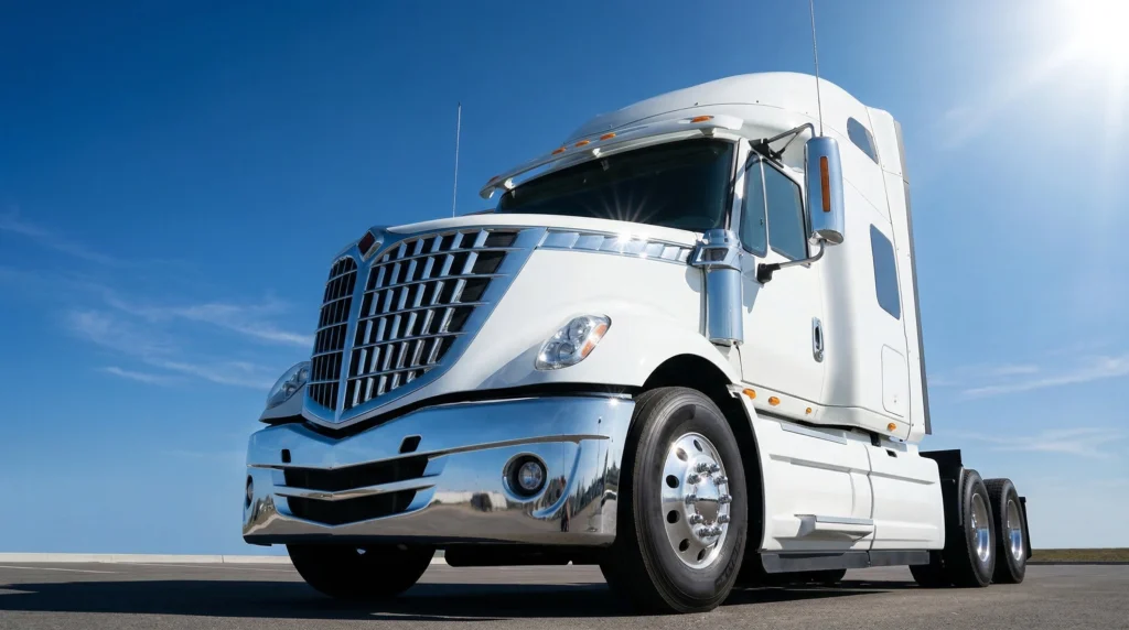 Imponente camión comercial blanco en la carretera reflejando el sol, listo para operar.