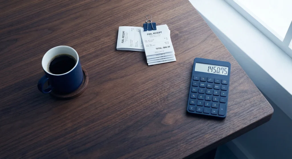 Escritorio organizado con calculadora y recibos de combustible para el cálculo de IFTA.