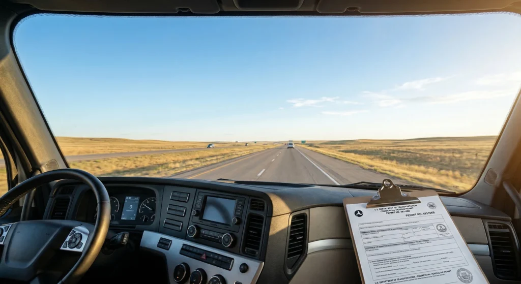 Vista desde la cabina de un camión con documentos de permisos estatales en el asiento.