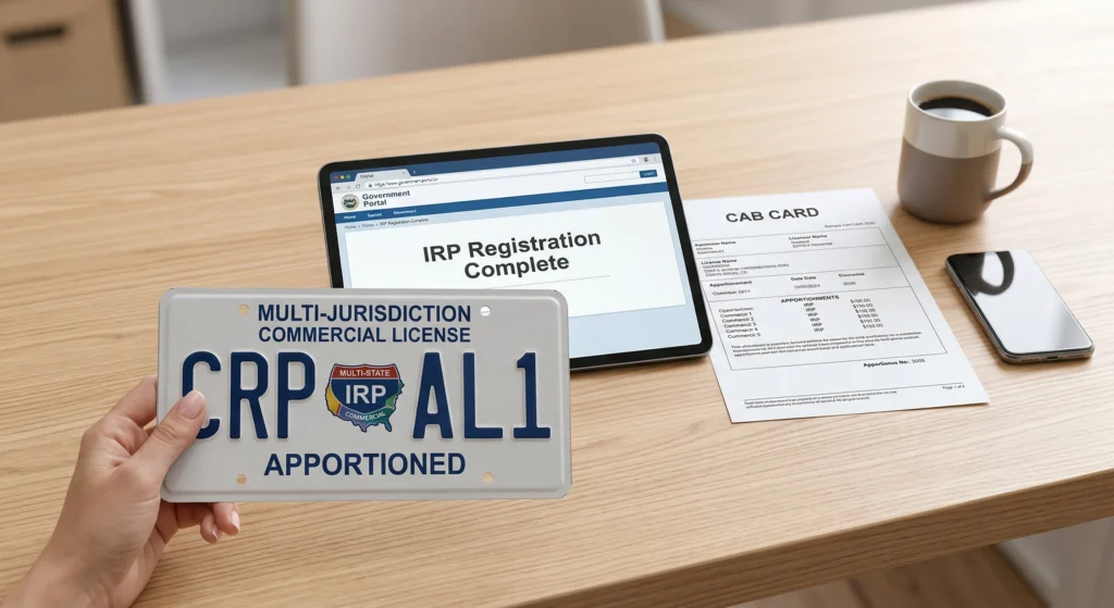 Un profesional sostiene una placa comercial (IRP) y una Cab Card sobre un escritorio de madera, simbolizando la obtención rápida de placas para camiones en USA.